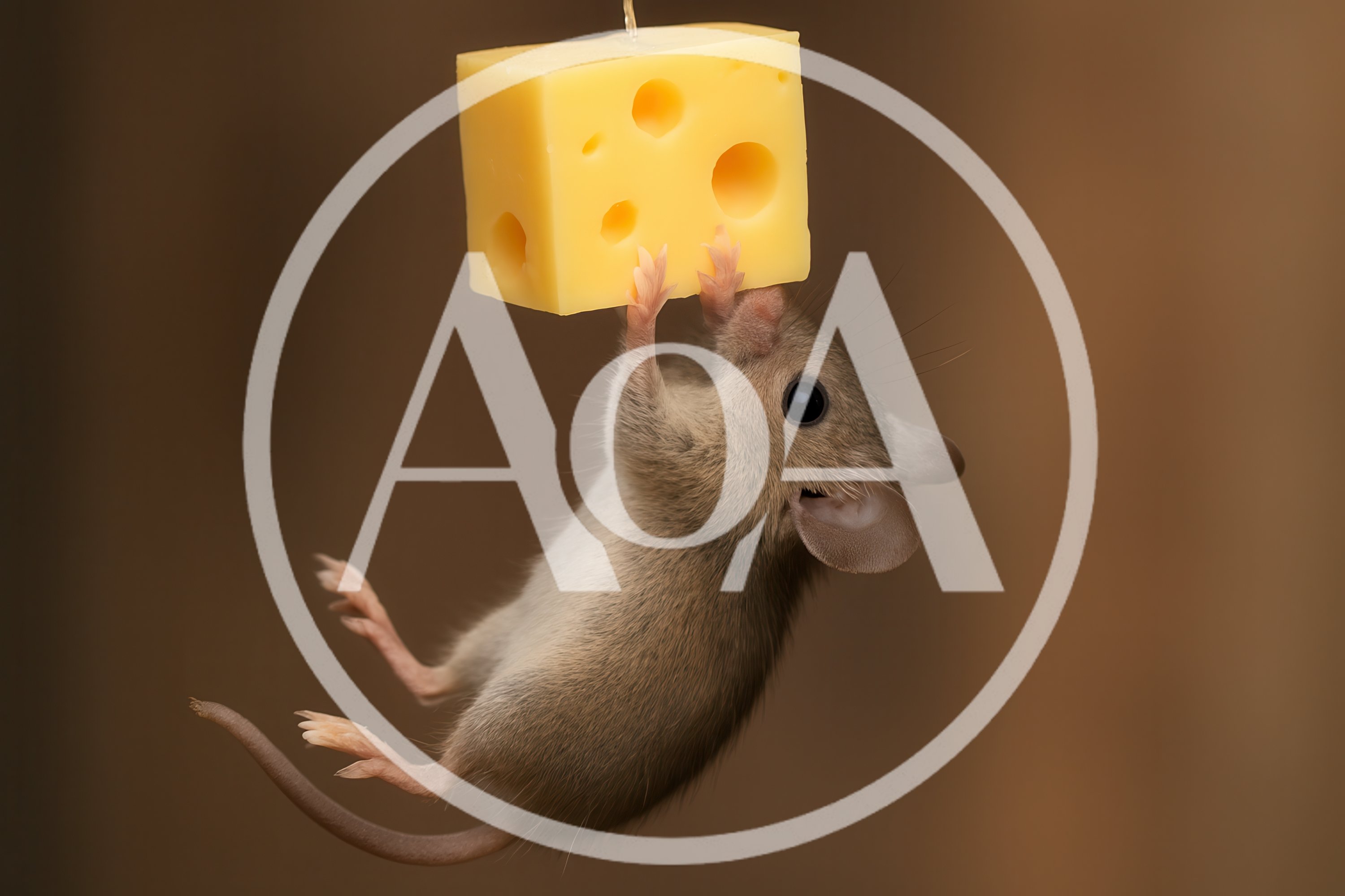 Small Mouse Hanging From A Block Of Swiss Cheese
