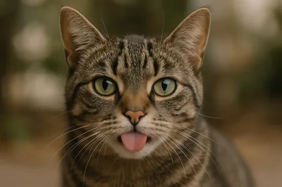 Close Up Portrait Of A Tabby Cat Sticking Tongue