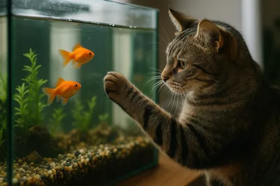 Tabby Cat Reaching Paw Toward Goldfish In Aquarium