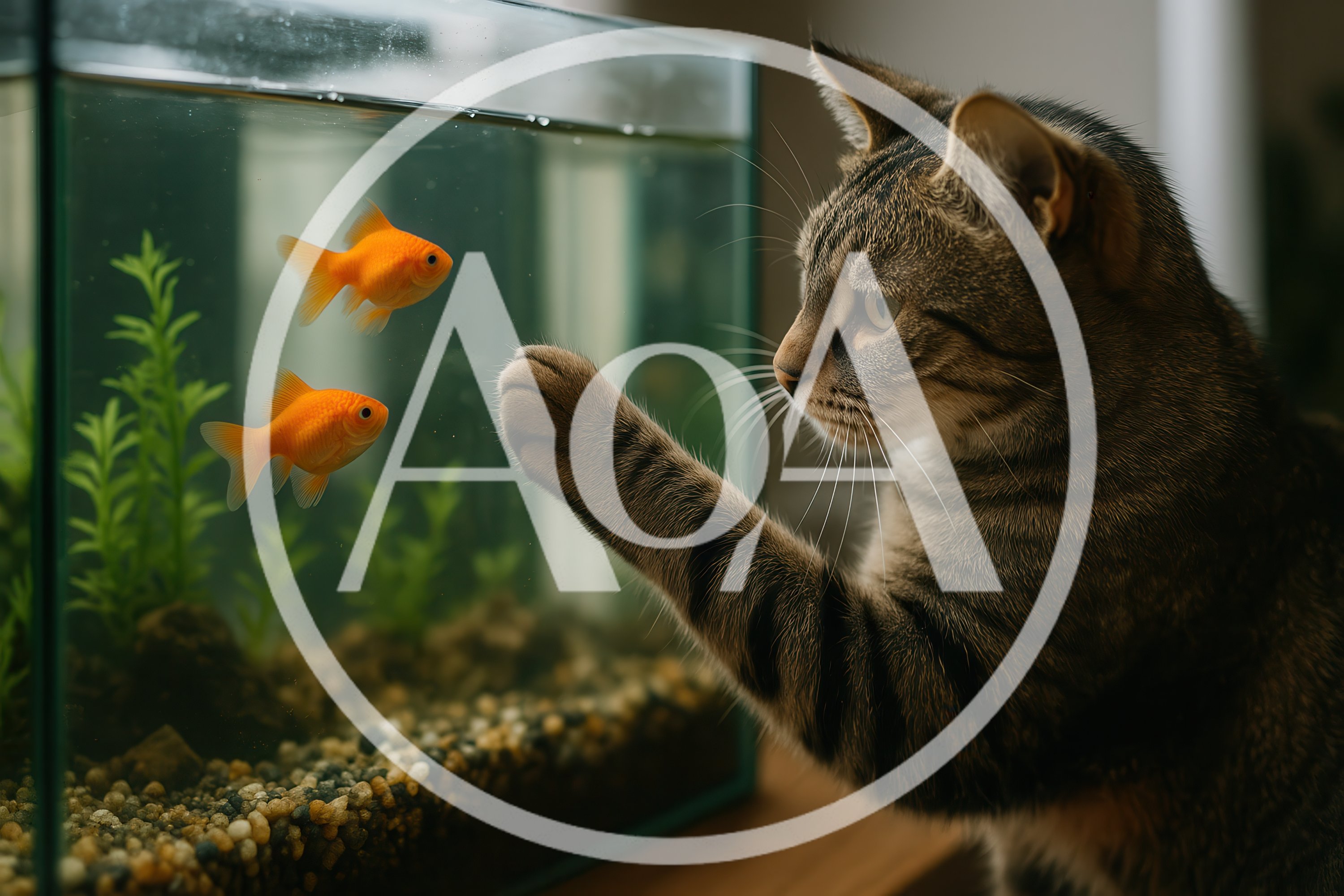 Tabby Cat Reaching Paw Toward Goldfish In Aquarium