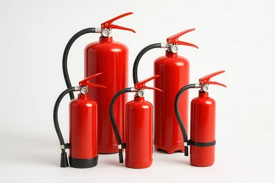Five Red Fire Extinguishers Of Varying Sizes