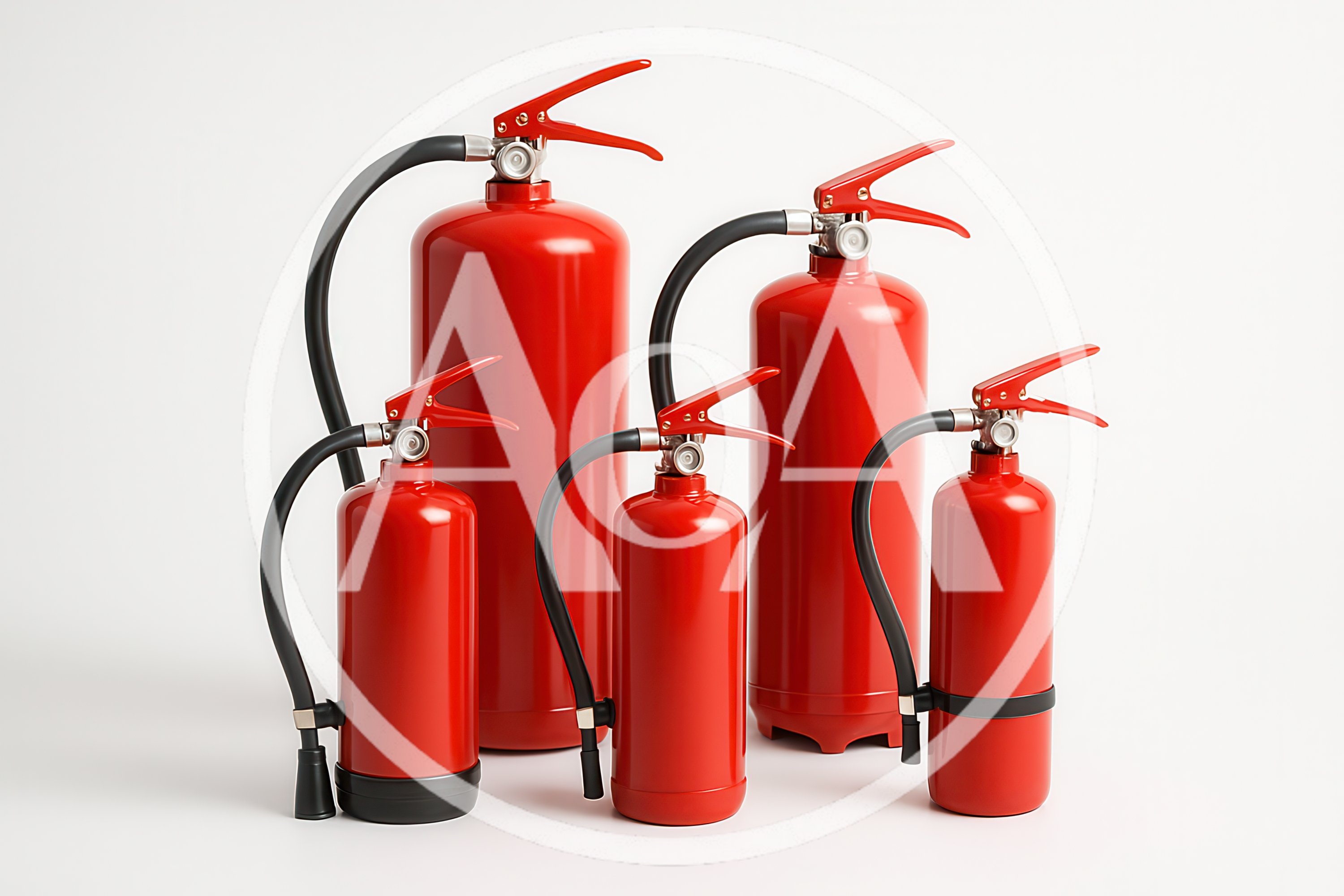 Five Red Fire Extinguishers Of Varying Sizes