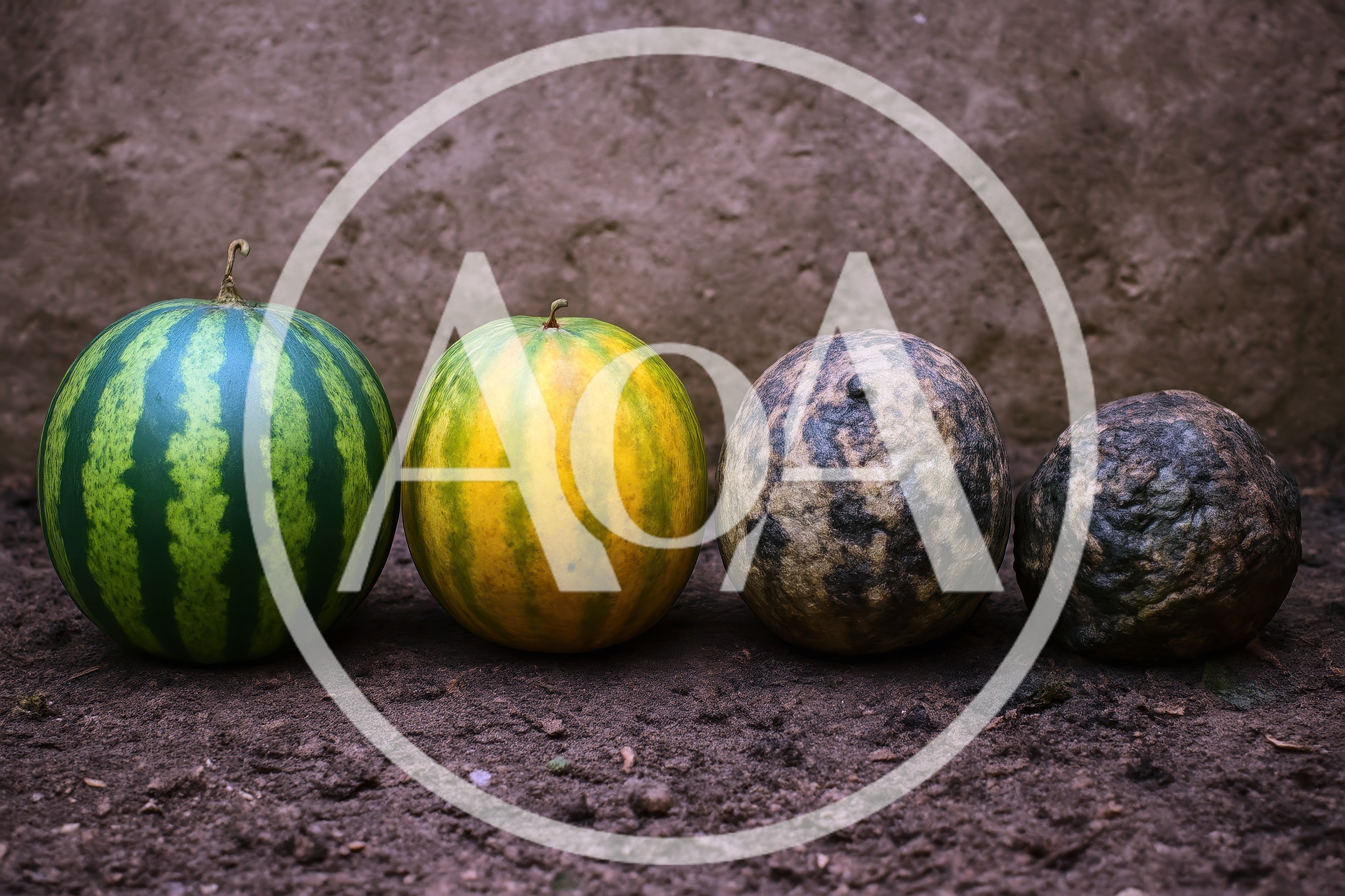 Four Watermelons Showing Stages Of Decay On Soil