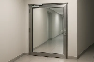 Modern Glass Door In A Commercial Hallway