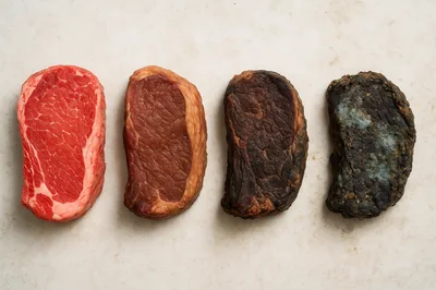 Four Stages Of Meat Decay On A White Surface
