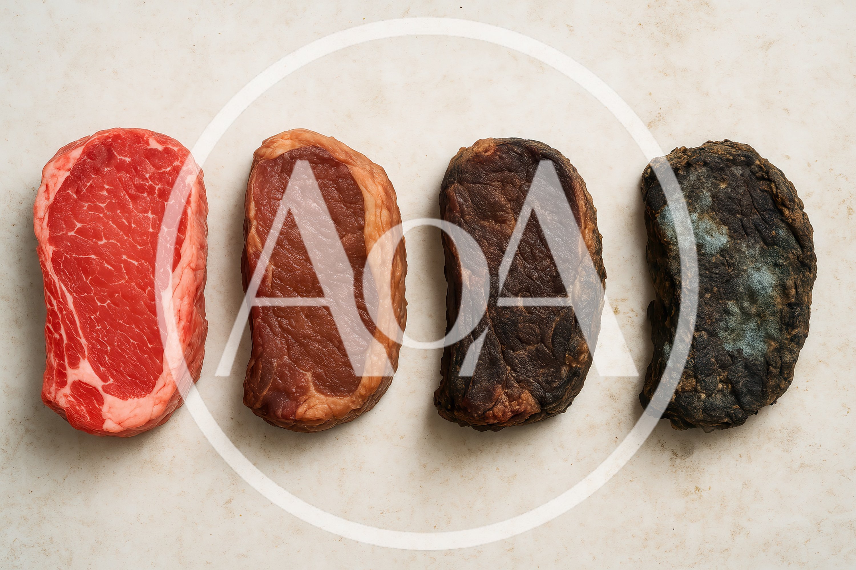 Four Stages Of Meat Decay On A White Surface