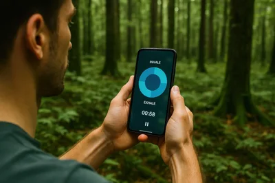 Man Using Breathing Exercise App In Forest
