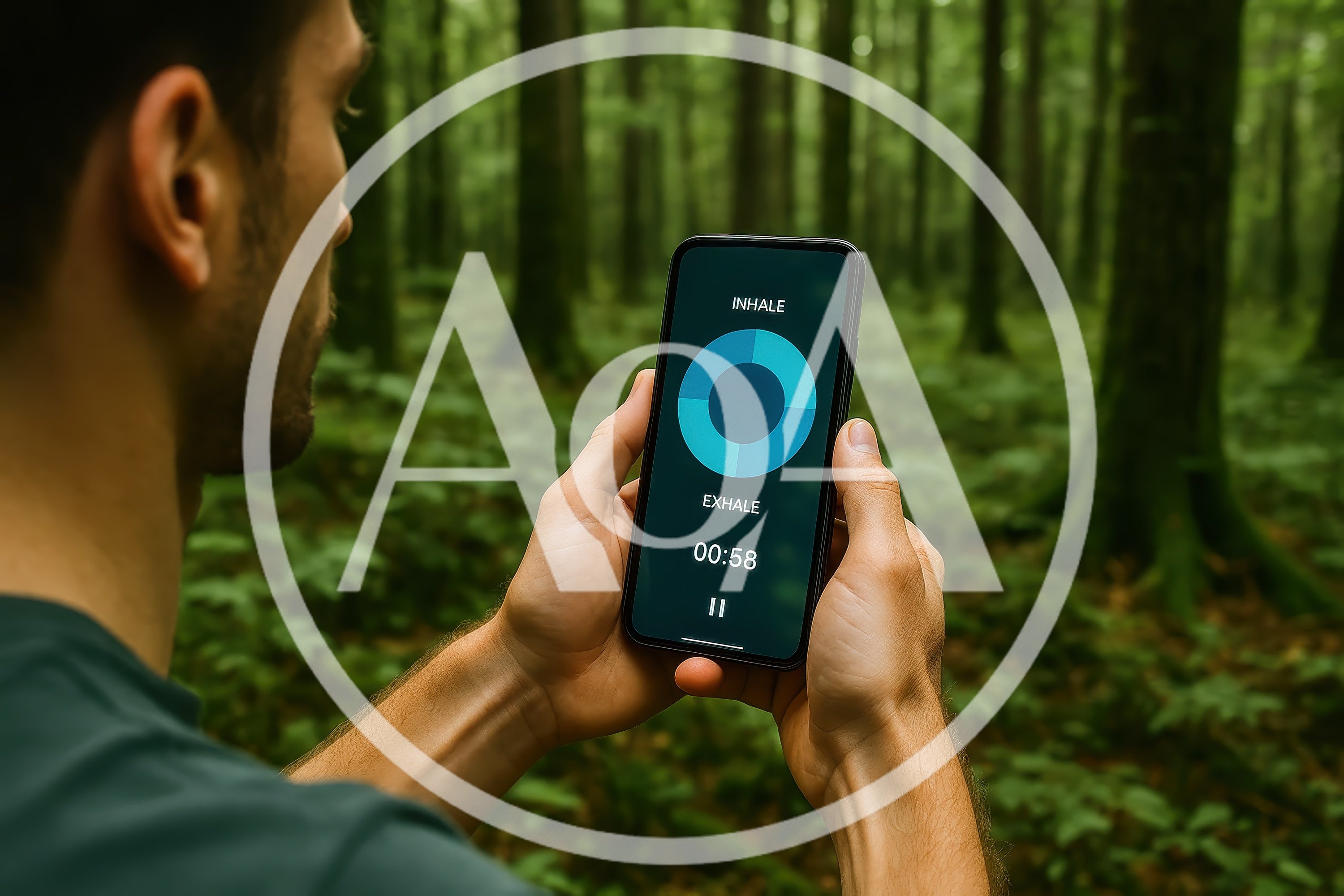 Man Using Breathing Exercise App In Forest