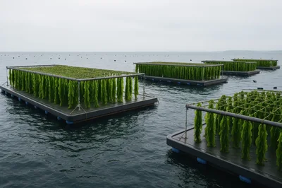 Seaweed Aquaculture Rafts Floating On Calm Ocean Water
