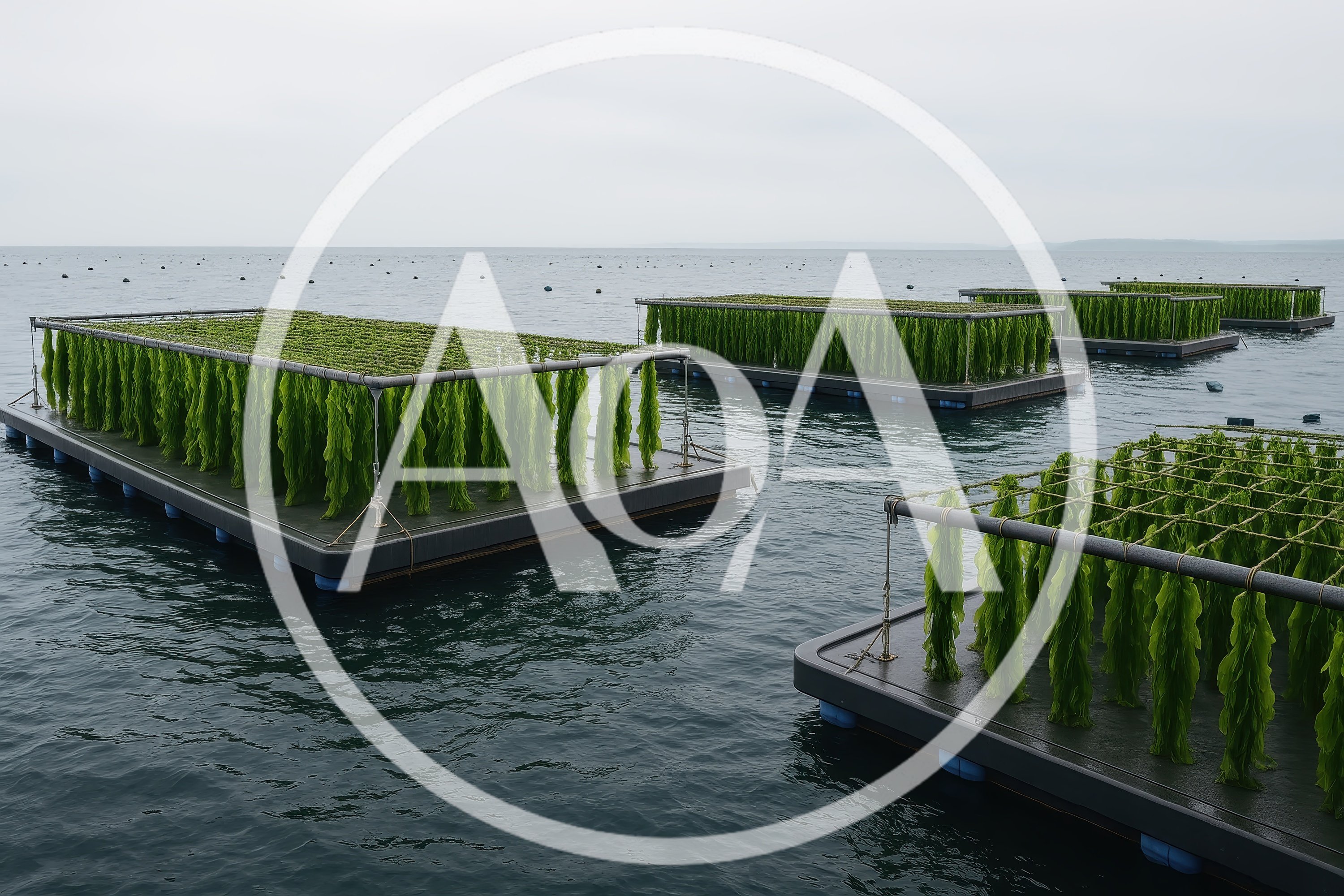 Seaweed Aquaculture Rafts Floating On Calm Ocean Water