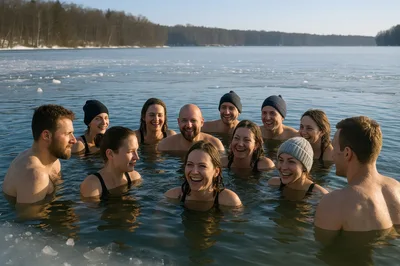 Group Of Friends Enjoying Winter Ice Bathing