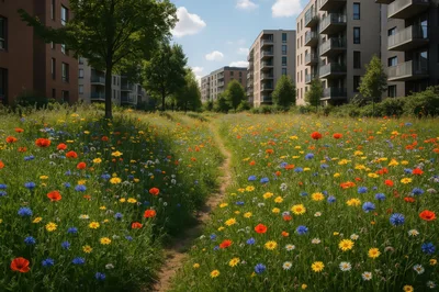 Wildflower Meadow Path Between Modern Apartment Buildings