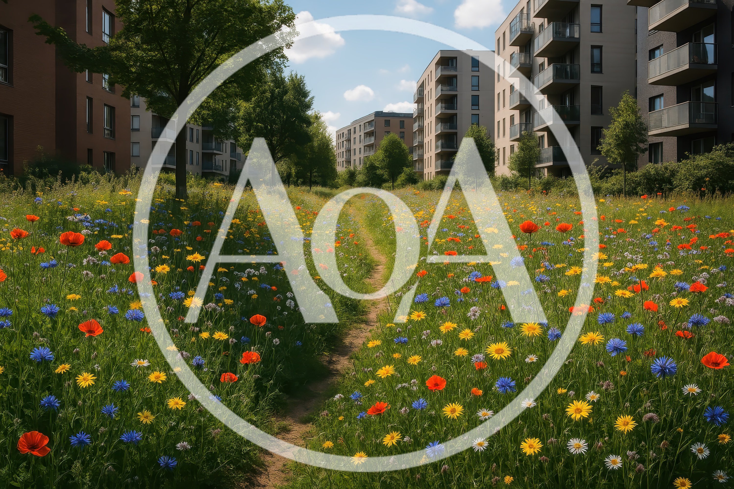 Wildflower Meadow Path Between Modern Apartment Buildings