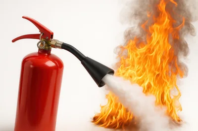 Red Fire Extinguisher Spraying White Foam On Fire