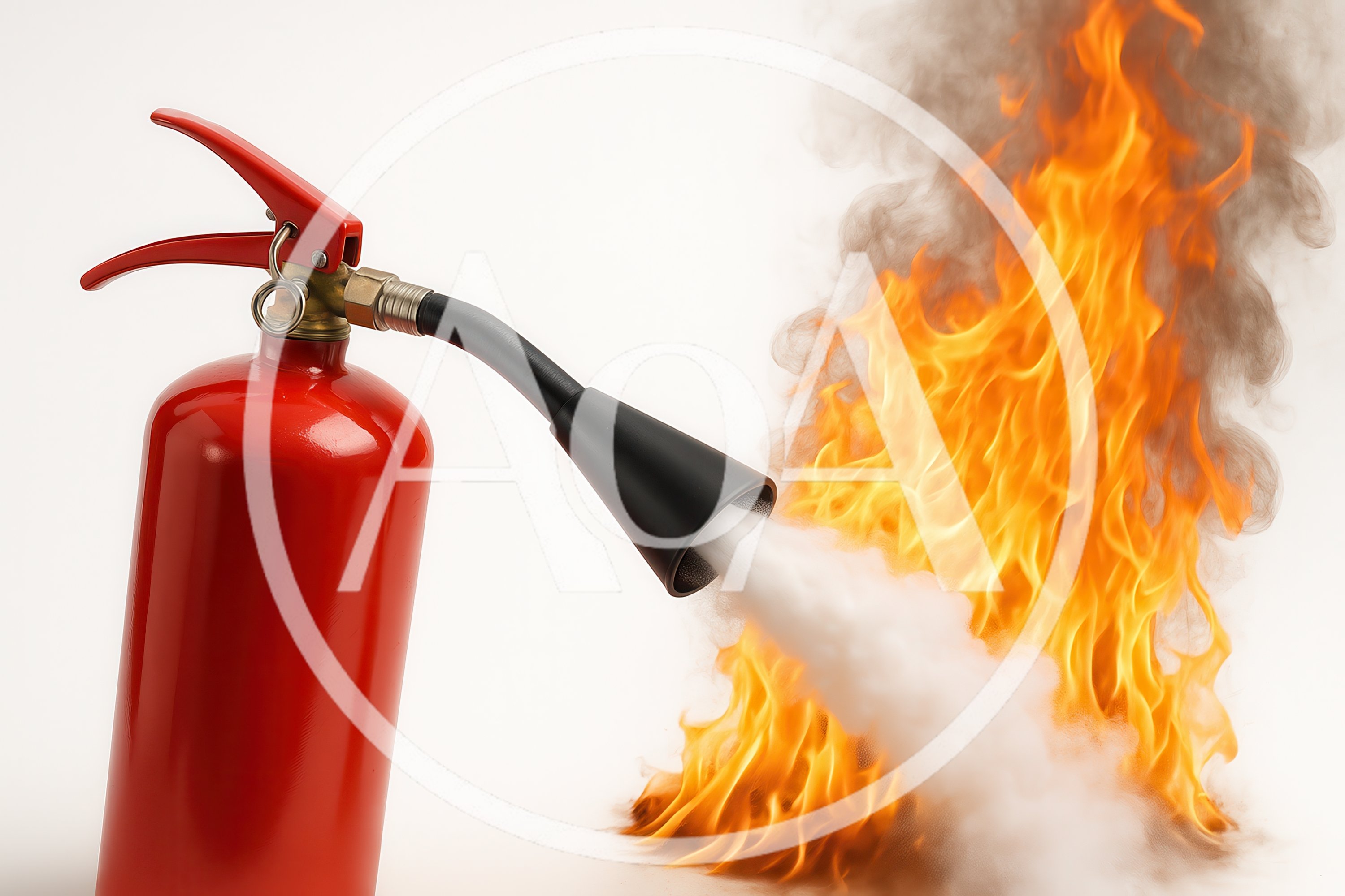 Red Fire Extinguisher Spraying White Foam On Fire
