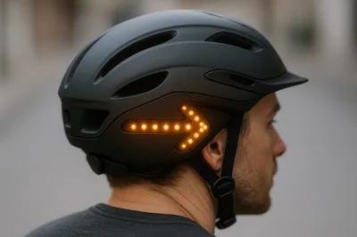 Cyclist Wearing Smart Helmet With Integrated LED Turn Signal