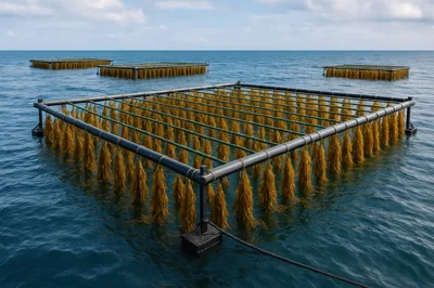 Offshore Kelp Farming Structures Floating In The Ocean