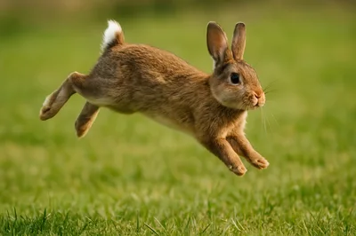 Brown Rabbit Jumping Across Green Grass Field