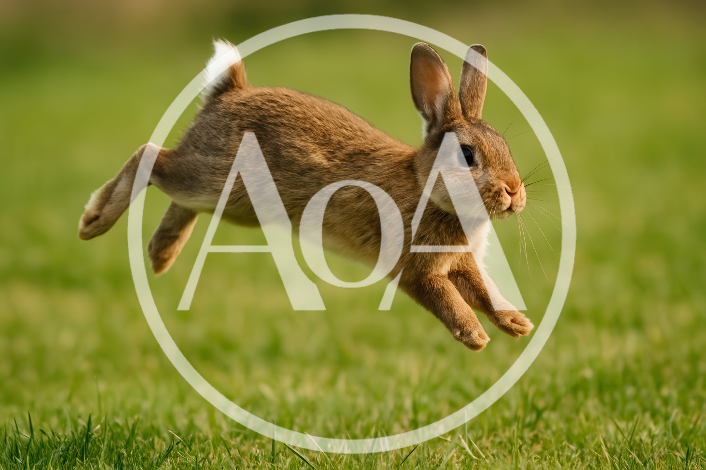 Brown Rabbit Jumping Across Green Grass Field