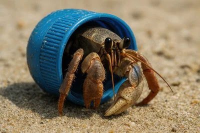 Hermit Crab Using Plastic Bottle Cap As Shell