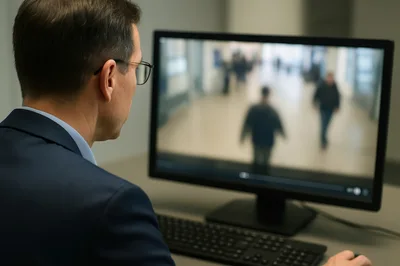 Security Professional Monitoring Surveillance Footage On Computer