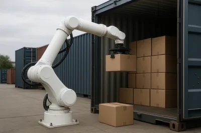 Industrial Robotic Arm Loading Cardboard Boxes Into Container
