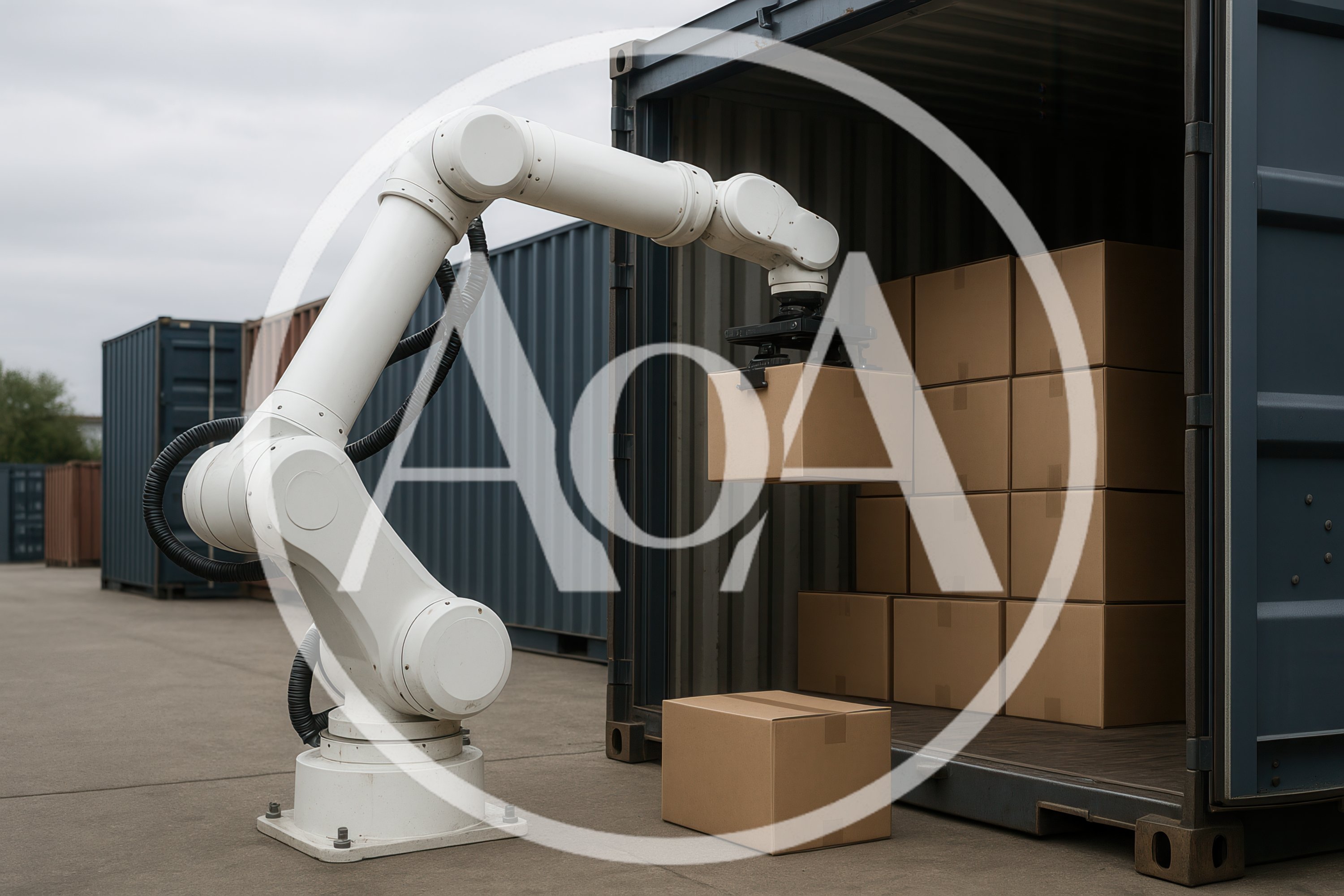 Industrial Robotic Arm Loading Cardboard Boxes Into Container