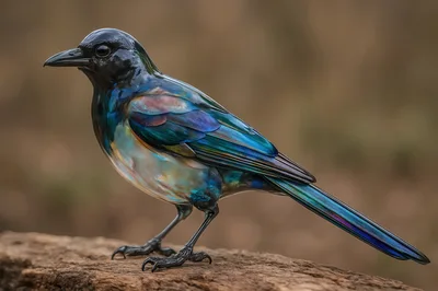 Iridescent Grackle Perched On A Weathered Wooden Log