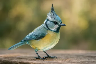 Crested Blue Tit Bird Standing on Wooden Surface