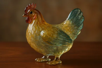 Glass Chicken Figurine On A Wooden Table