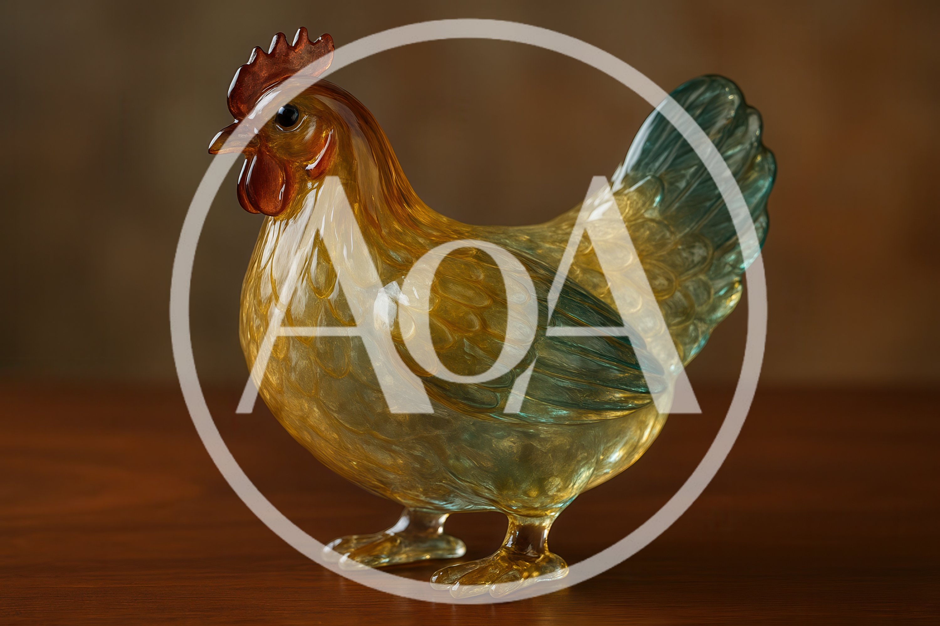 Glass Chicken Figurine On A Wooden Table