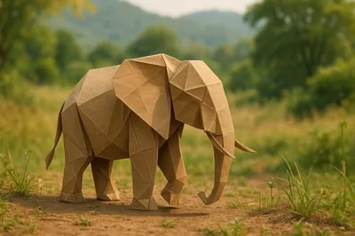Geometric Paper Origami Elephant In Natural Landscape