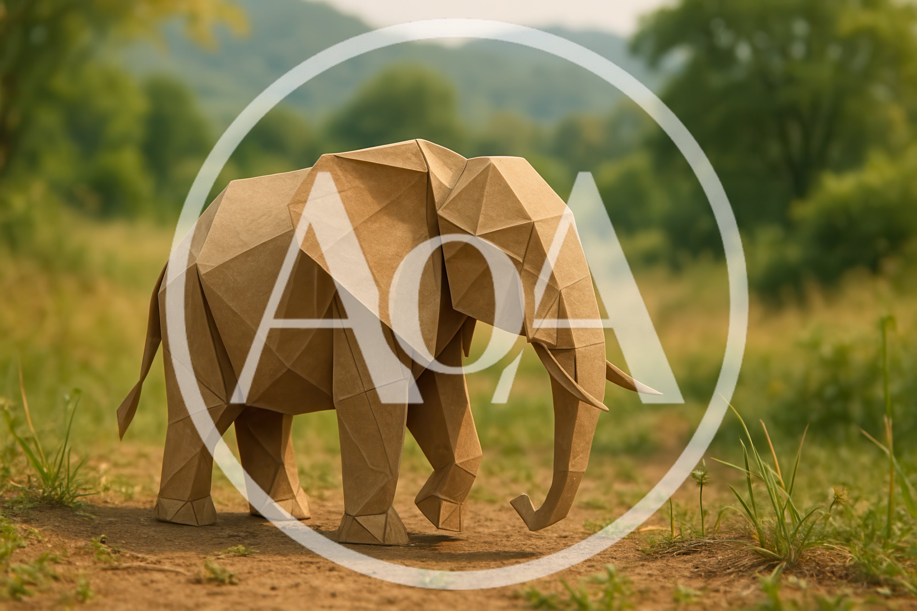 Geometric Paper Origami Elephant In Natural Landscape