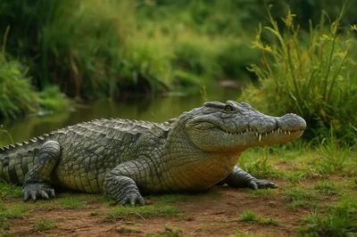 Large Crocodile Resting on a Riverbank