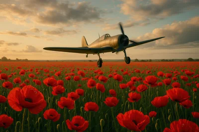 Vintage Warplane Flying Low Over A Poppy Field