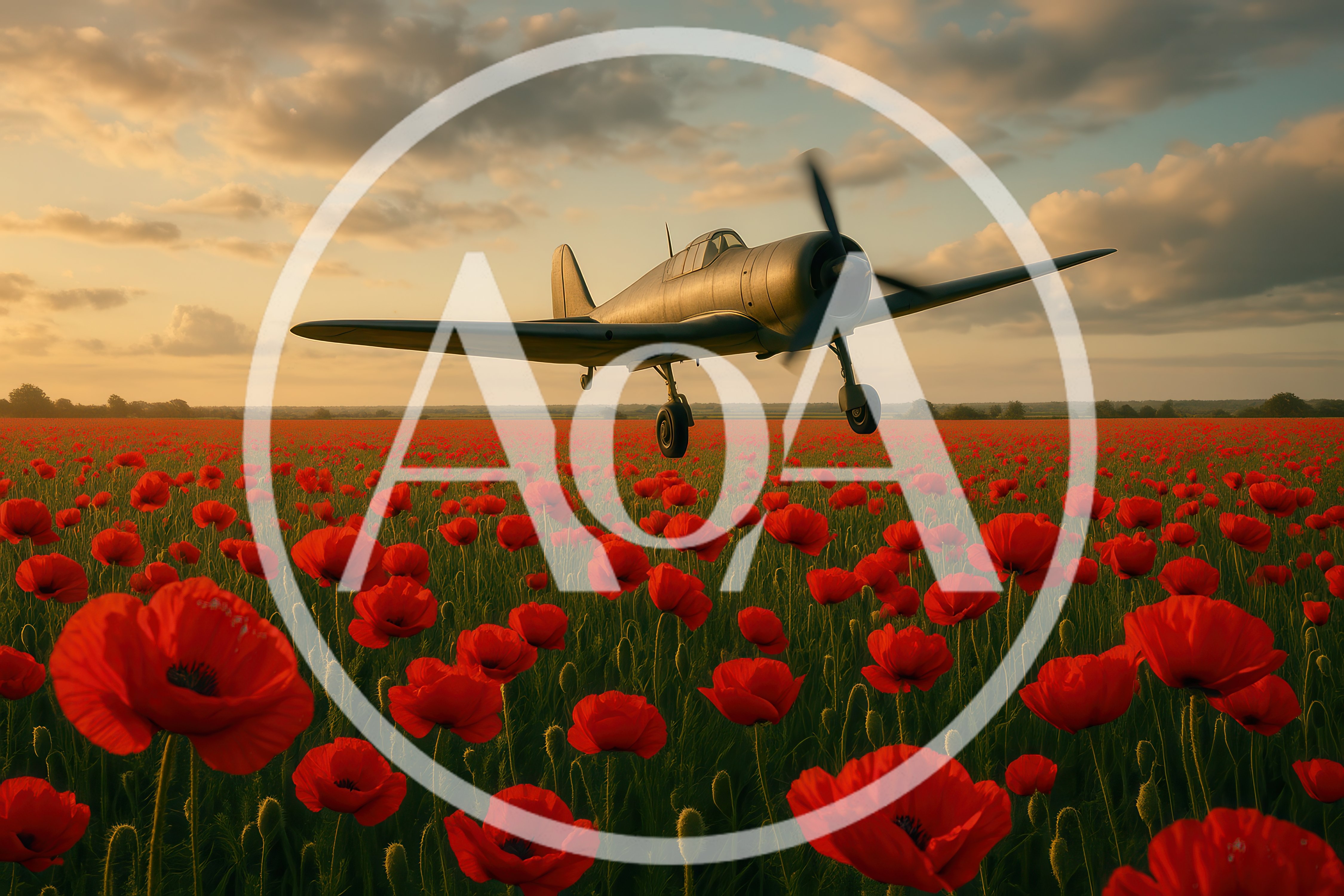 Vintage Warplane Flying Low Over A Poppy Field