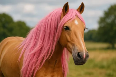 Portrait Of A Palomino Horse With Dyed Pink Mane