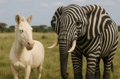 Surreal Zebra Elephant And White Horse In Savannah