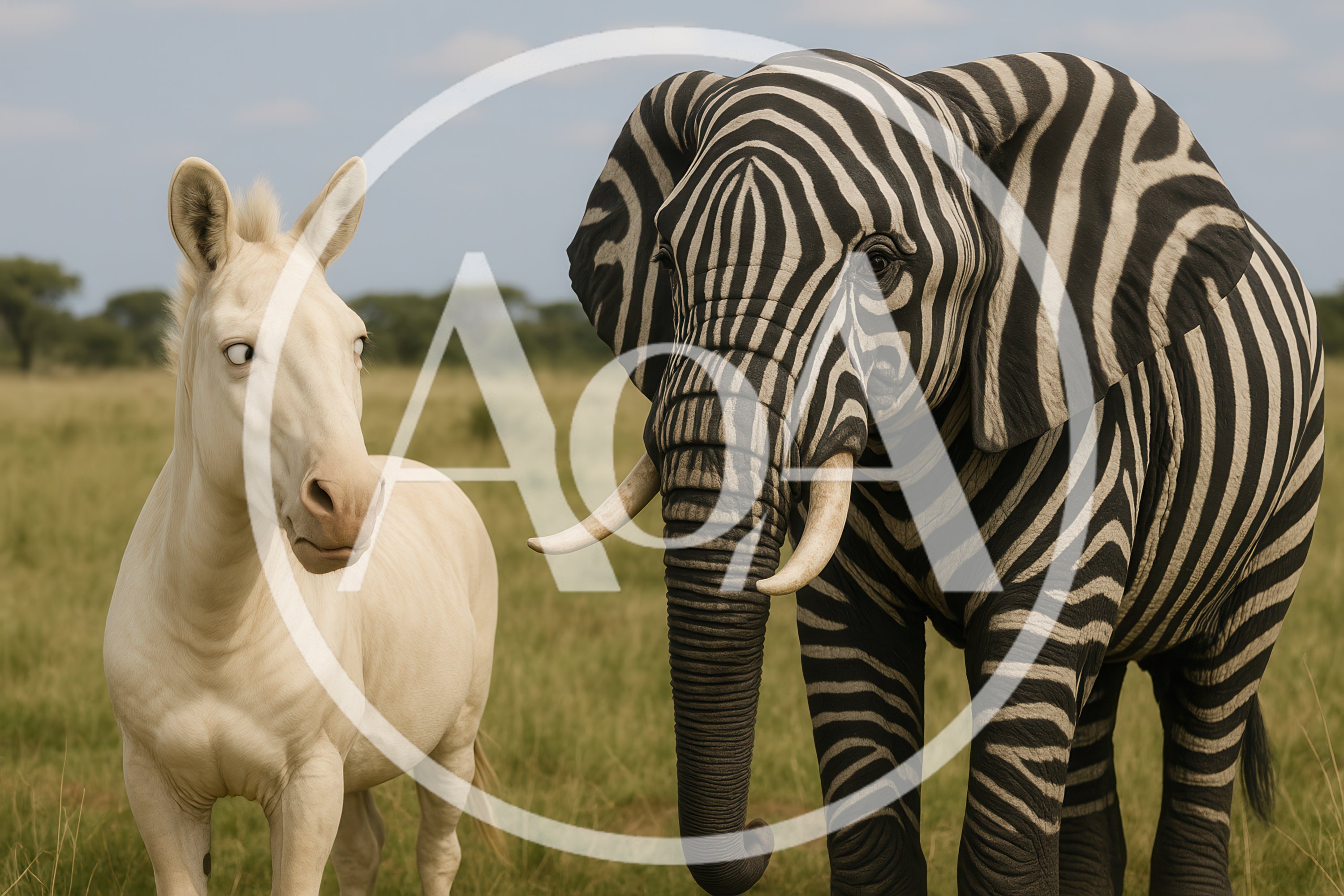 Surreal Zebra Elephant And White Horse In Savannah