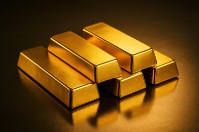 Stack Of Shiny Gold Bars On Reflective Surface