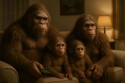 Family Of Hairy Primates Watching Television On Sofa