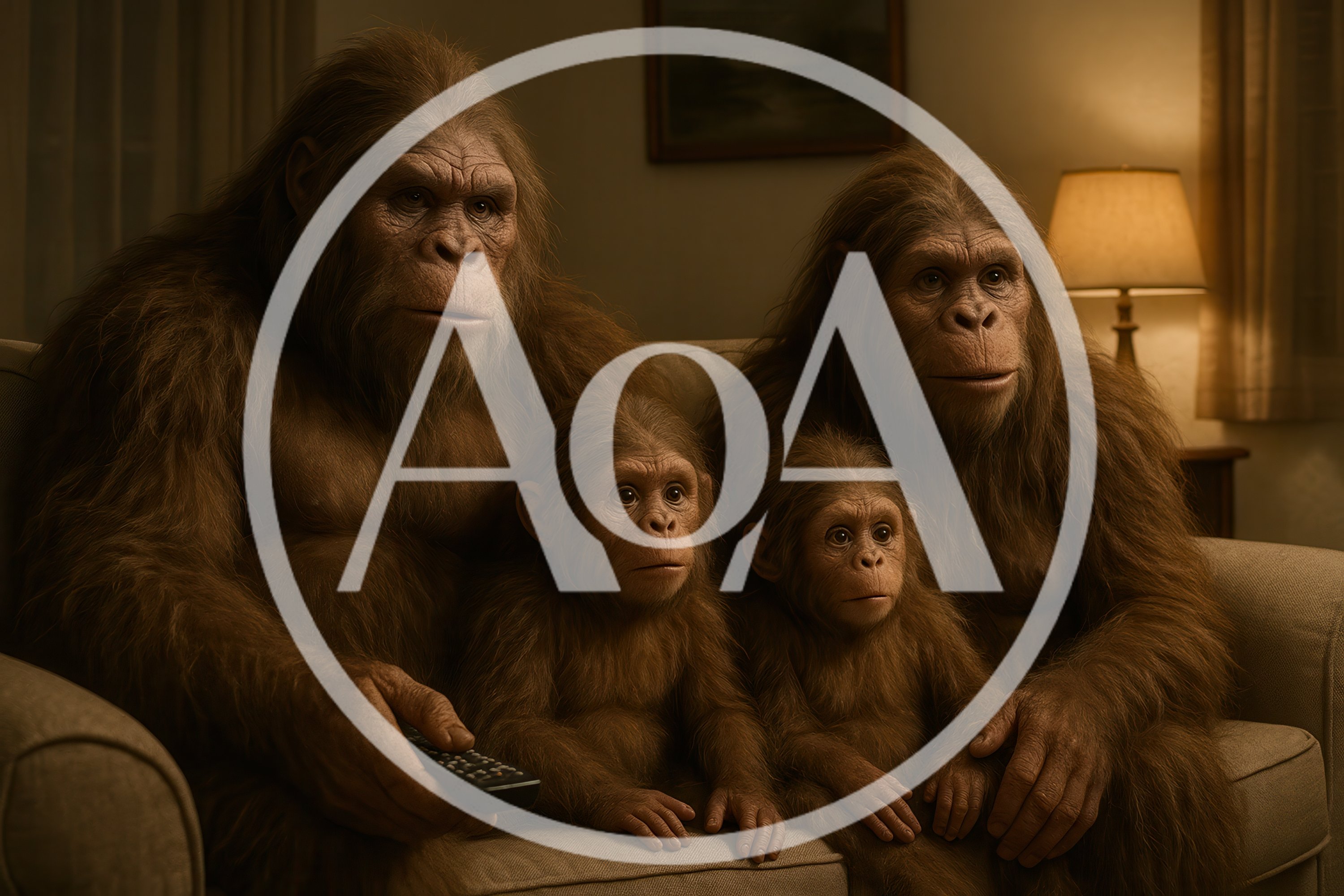 Family Of Hairy Primates Watching Television On Sofa