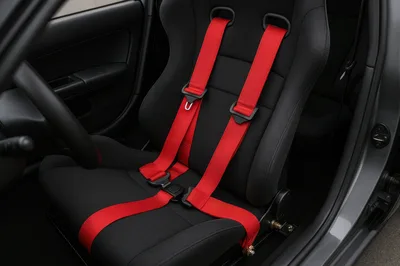 Racing Bucket Seat With Red Harness In Sports Car
