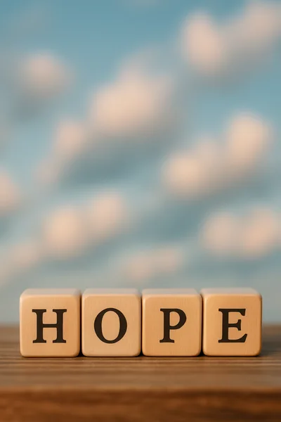 Wooden Blocks Spelling Hope Against A Cloudy Sky