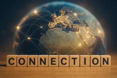 Wooden Blocks Spelling Connection With Global Network Globe