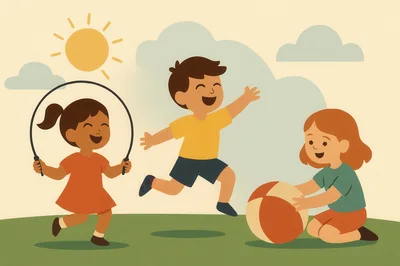Happy Children Playing Outdoors In A Sunny Park
