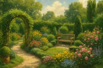Impressionist Painting Of A Peaceful Garden With Bench