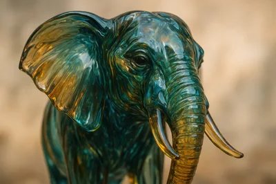 Glass Elephant Sculpture With Iridescent Blue And Gold Tones