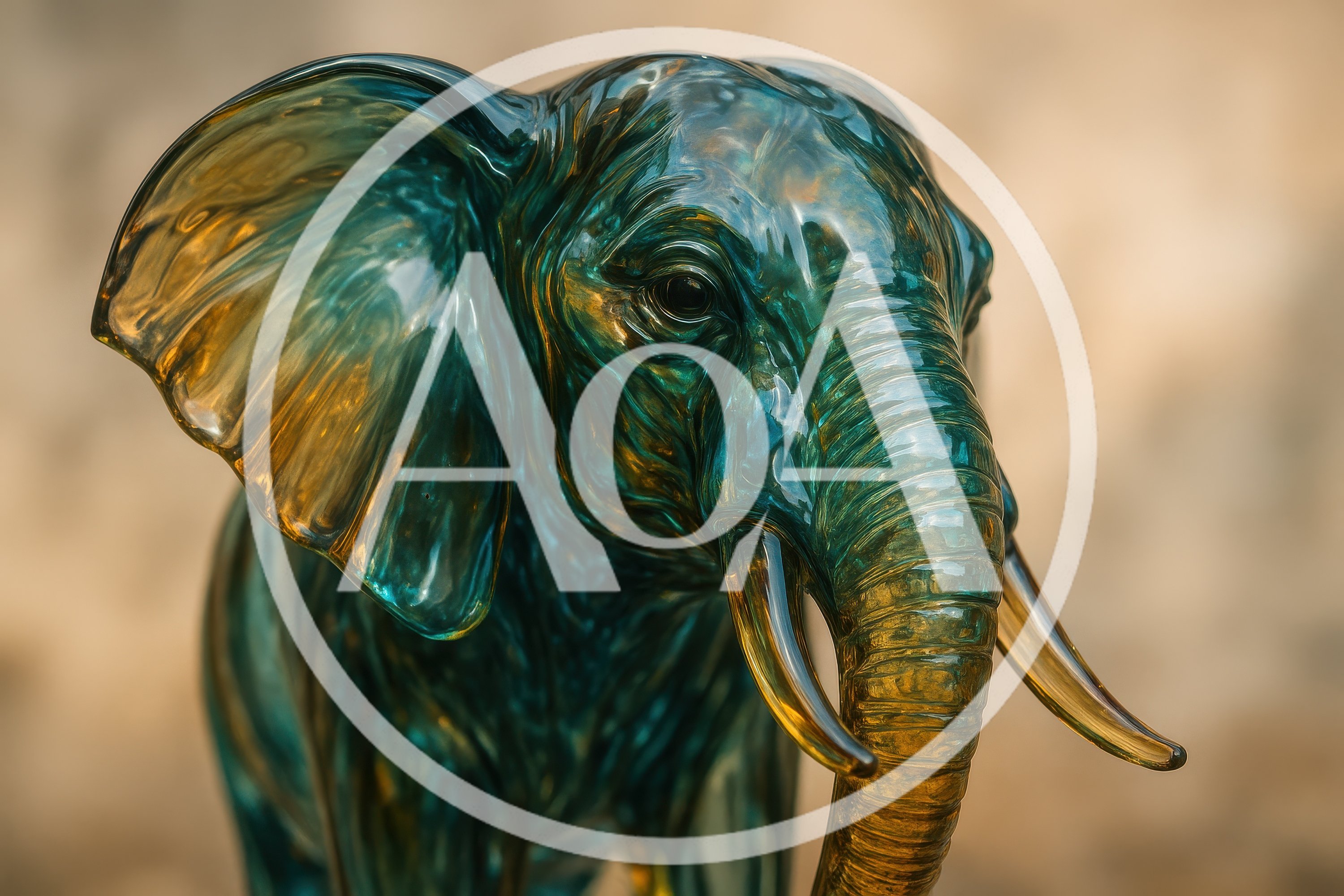 Glass Elephant Sculpture With Iridescent Blue And Gold Tones
