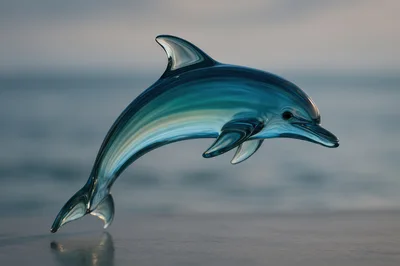 Glass Dolphin Figurine Leaping Against A Blurred Ocean Background